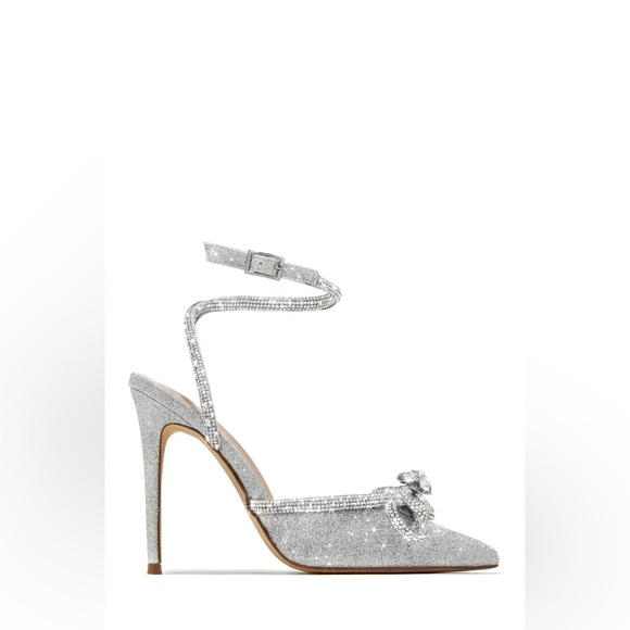 🆕 Women’s Silver Rhinestone Bow Ankle Strap Pumps | Pointed Toe Heels - Picture 7 of 10